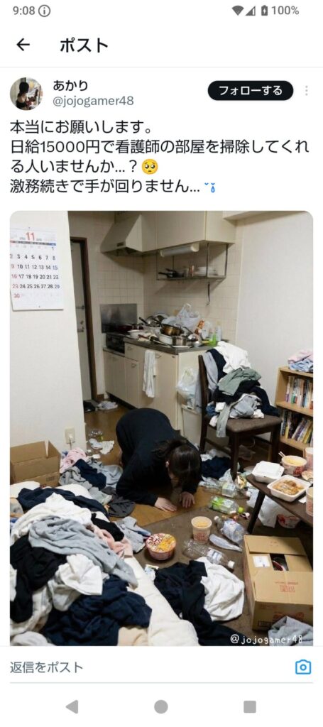 【画像】看護師(23)さん、汚部屋の清掃を募集してしまうｗｗ