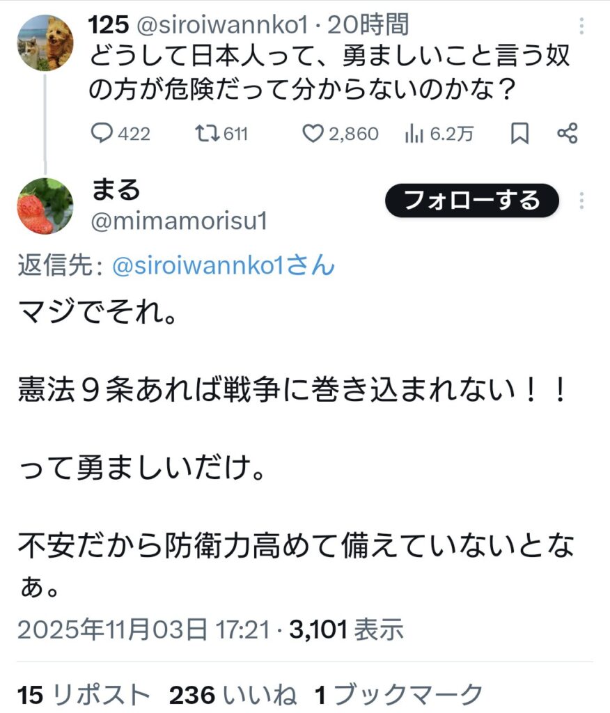 パさん「どうして日本人って、勇ましいこと言う奴の方が危険だって分からないのかな？」