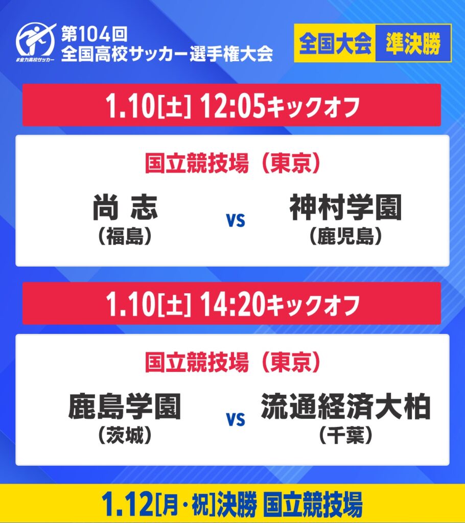 【高校サッカー】本日 準決勝　尚志（福島）VS神村学園（鹿児島）  鹿島学園（茨城）VS流経大柏（千葉） 【日テレ】