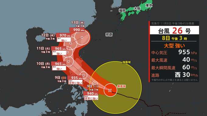 【台風２６号】急カーブ　弱まりながら沖縄奄美へ　大雨･大しけ･強風に注意警戒（８日）