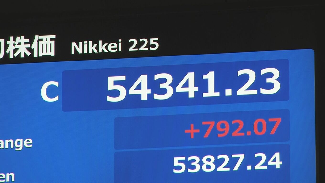 【速報 “高市トレード”】日経平均株価　終値で史上初の5万4000円台、792円高の5万4341円、出来高は24億6900万株