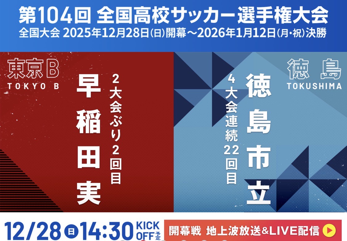 【日テレ】本日開幕・高校サッカー選手権、開幕戦は城彰二＆中村俊輔のW解説！ 28日 14時30分キックオフ 【早稲田実業×徳島市立】