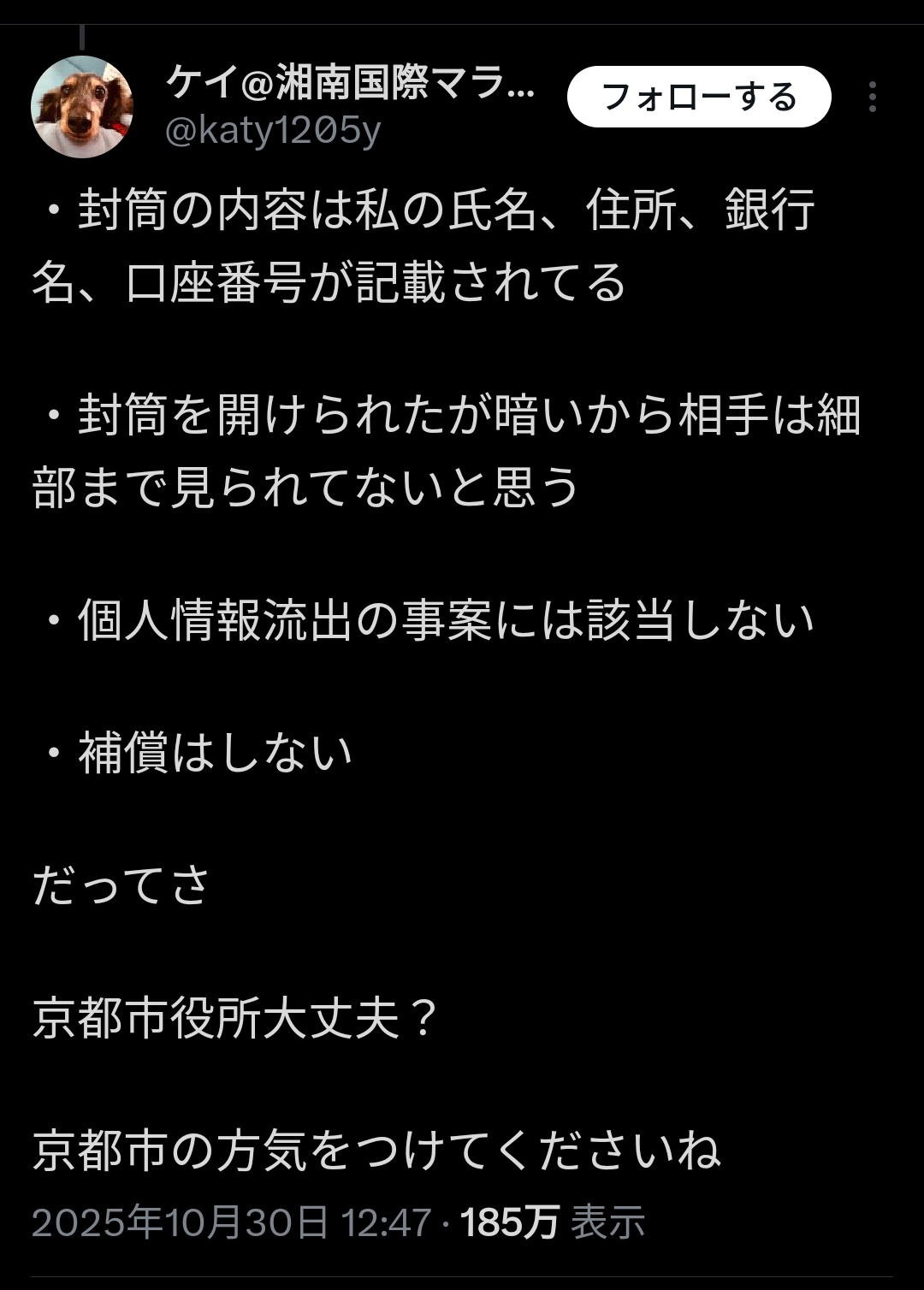 京都市役所「間違って貴方の個人情報を他人に見せたが、暗かったから多分見てないと思う🥺」